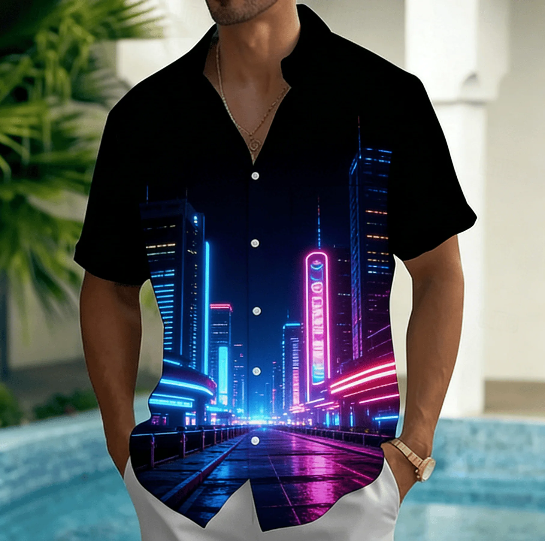 

Men's Cyberpunk Neon City Night View Print Short Sleeve Shirt, Spring Summer Edgy Casual Party Blouse, Loose Casual Top