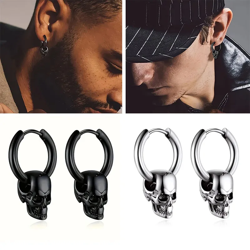 1 Pair Of black Skull Head And Hoops Luxury Earrings of Men\'s Earring For Jewellery 2024,men\'s stainless steel earring Women， Go