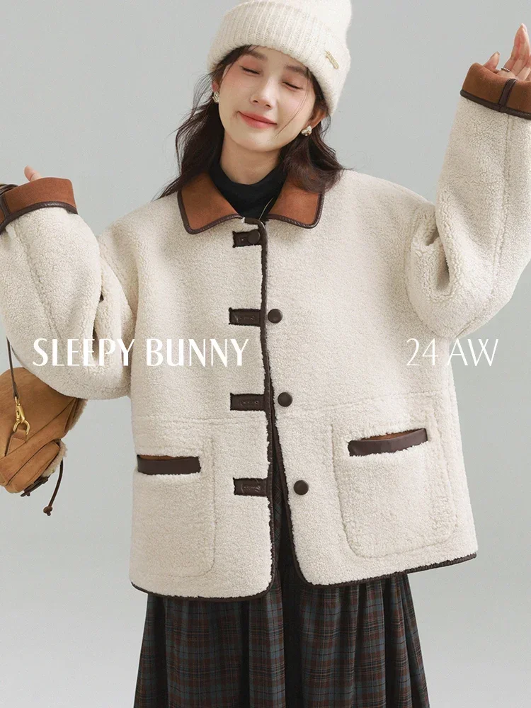 

Reversible Lamb Wool Coat Women Winter Short Loose Fit Contrast Suede Warm Thickened Jacket Casual Double-Sided Outerwear 2024