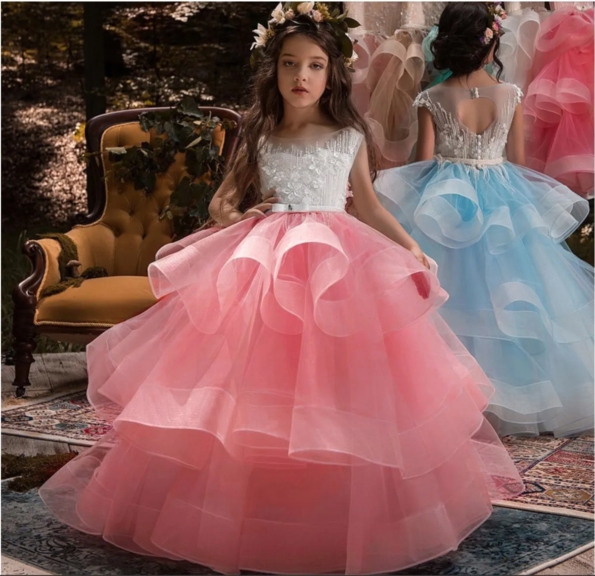 Hot Selling  Party Dress Girls 2-14 Years Mesh Flower Girl Dresses for Weddings Patchwork Ankle-Length Child Birthday Ball Gowns