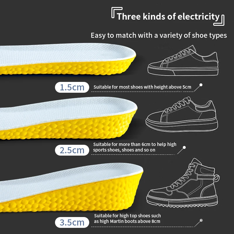 1 paio di solette sportive per assorbimento degli urti per modelli di aumento dell'altezza dei piedi uomo donna scarpe solette 1,5 cm/2,5 cm/3,5 cm suola in crescita