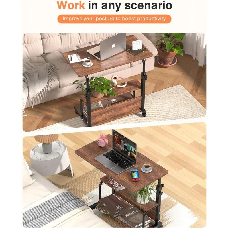 Wheels Adjustable Height Desks for Small Spaces, 32" Computer Desk with Storage Shelves for Home Office Rustic.