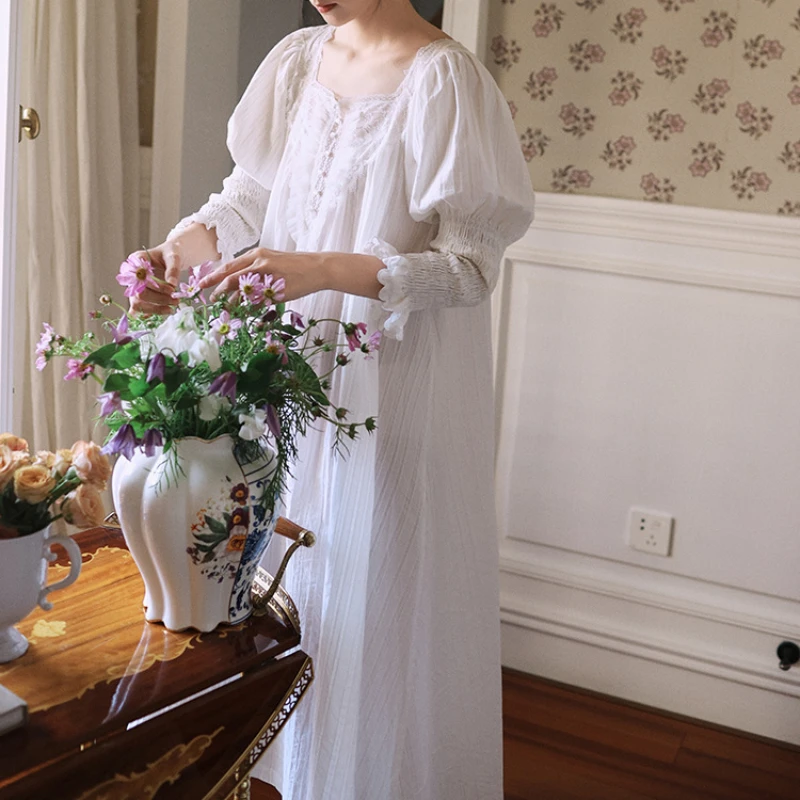 Vintage Spring Summer Pure Cotton Nightgown Women Lace Square Collar Long Nightdress Romantic Princess Cute White Blue Sleepwear