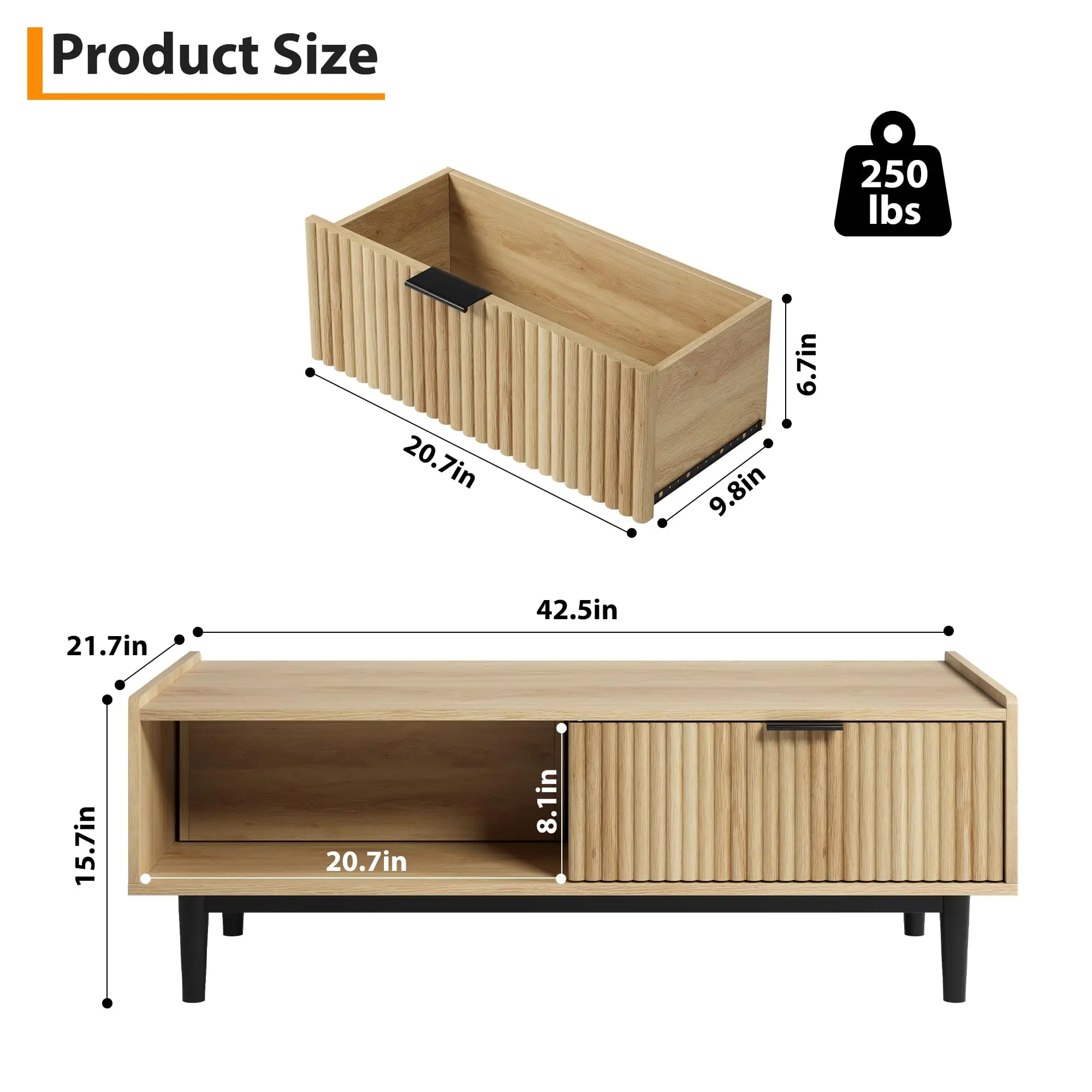 طاولة قهوة مخددة مقاس 42.5 بوصة مع درج تخزين ورف مفتوح، طاولة غرفة معيشة حديثة في منتصف القرن من الخشب الخفيف #2