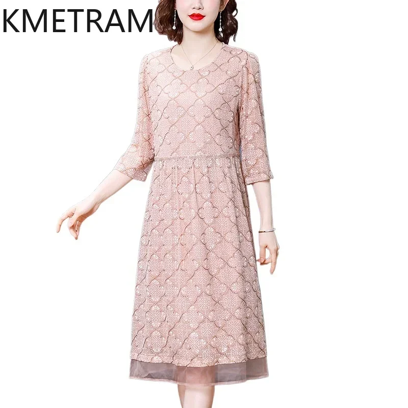 

KMETRAM 100% Mulberry Silk Dress Women Summer 2024 Luxury Party Long Dresses Loose Womans Clothing Pink Dress Vestidos Largos