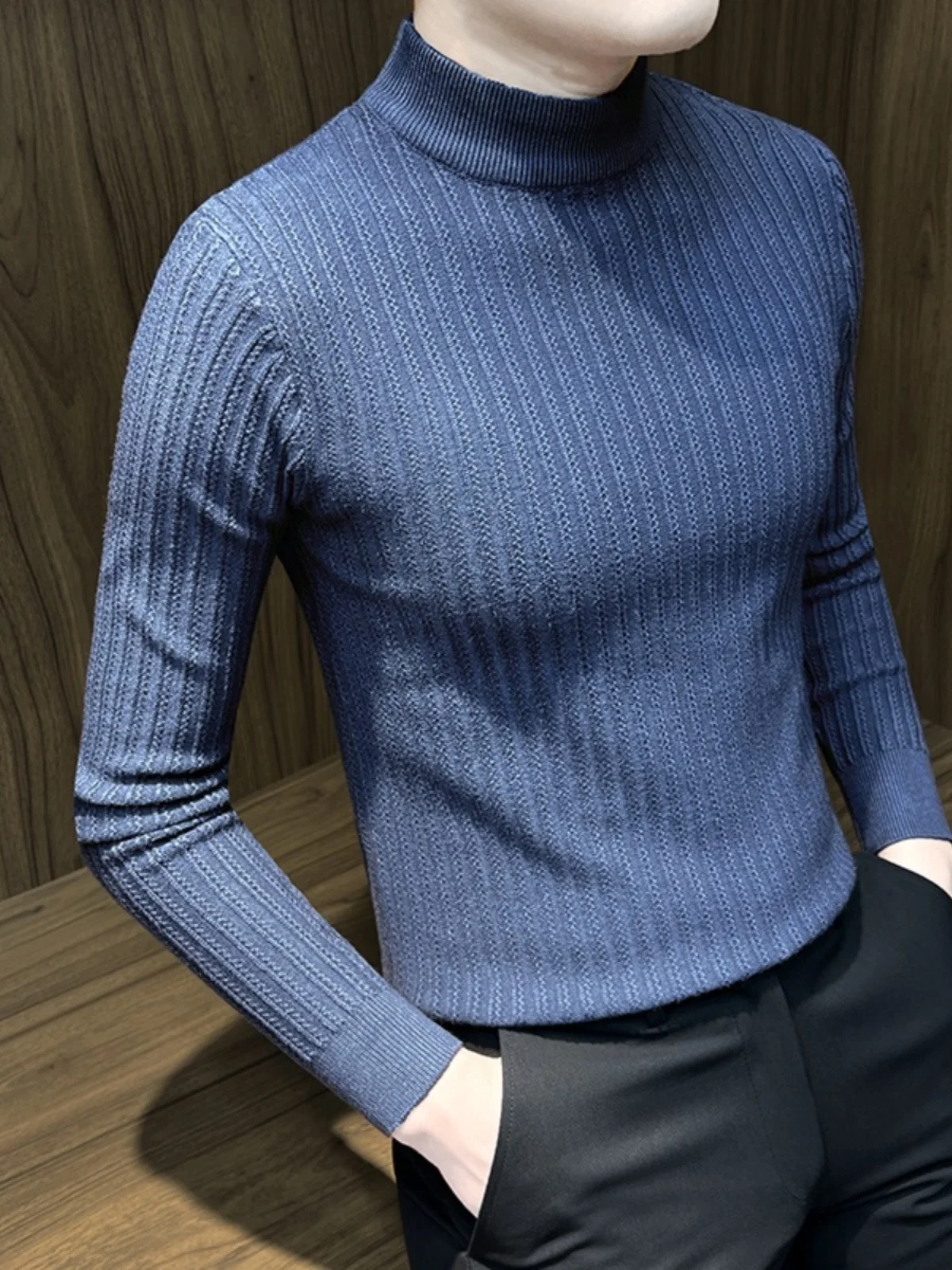 

Теплый приталенный вязаный свитер с высоким воротником в корейском стиле, модный, с длинными рукавами, в полоску, базовый, для делового стиля