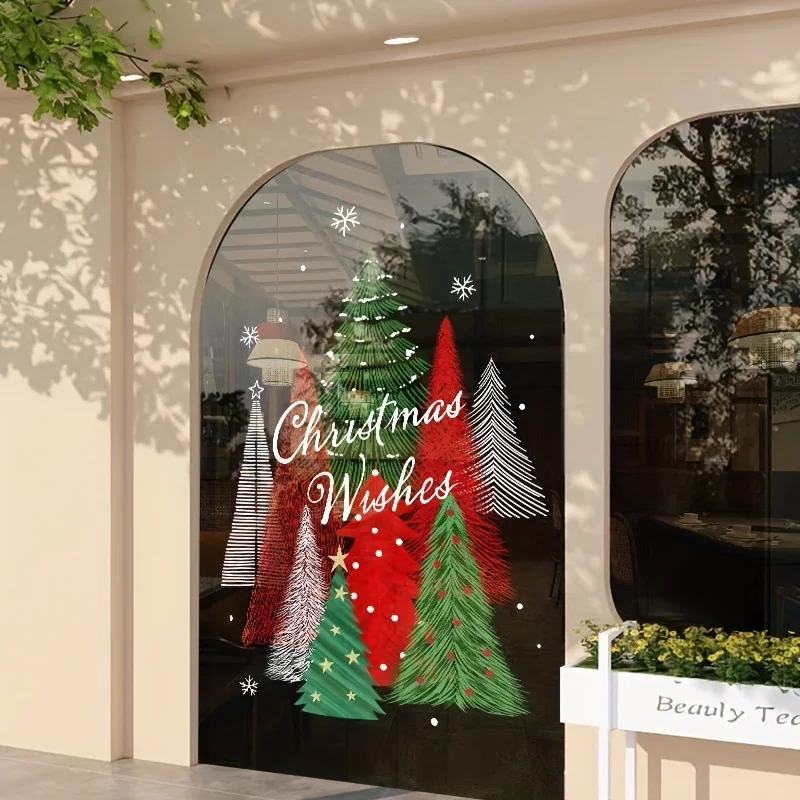 Colour-printed Christmas Tree Glass Door Sticker Big Pine Needle Xmas Tree Static Cling Film Window Display Electrostatic Decal