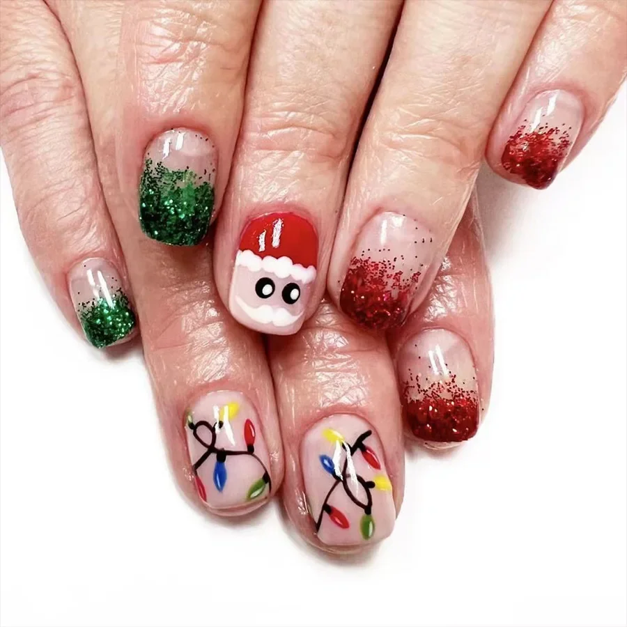 24 pçs curto árvore de natal unhas falsas com pó cintilante dos desenhos animados arte do prego imprensa em unhas acrílicas bonito presente de natal para a menina