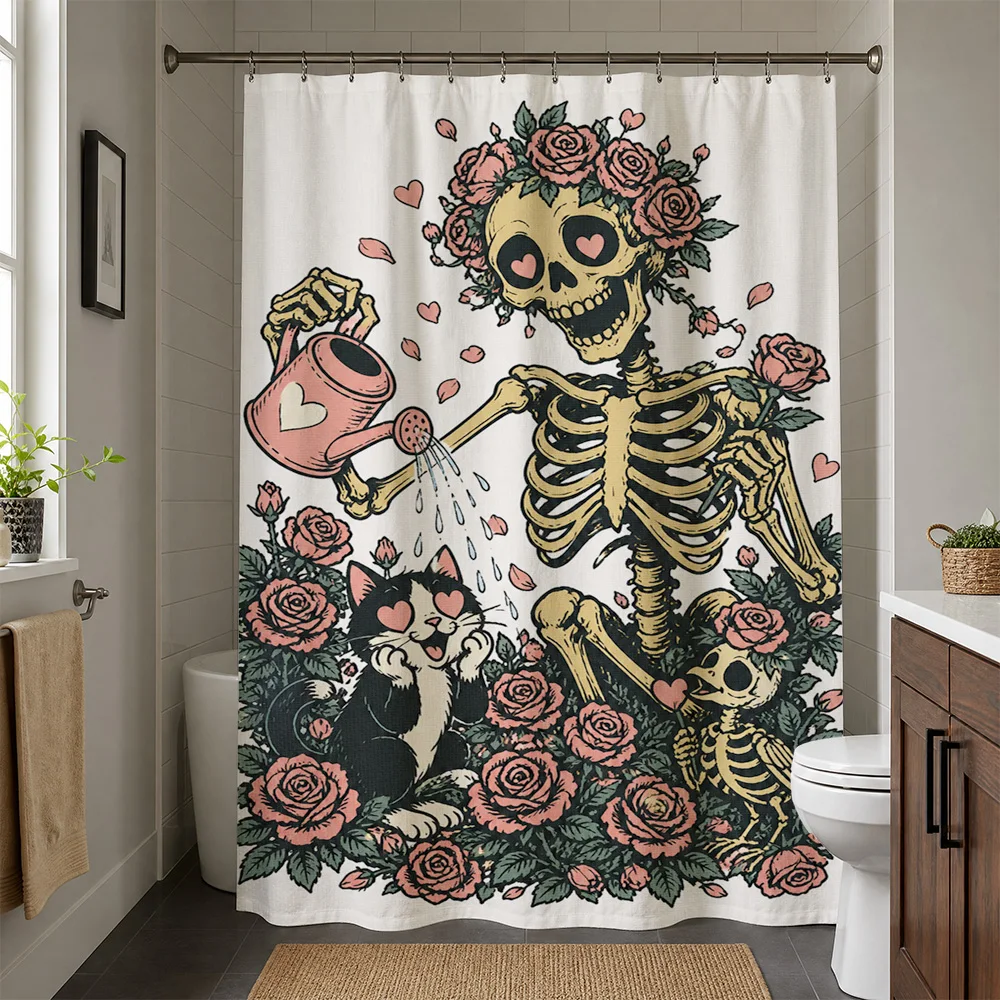 Decorative Gothic Skeleton and Roses Waterproof Shower Curtain for Bathroom Spooky Halloween Aesthetic Shower Liner Curtain Prin