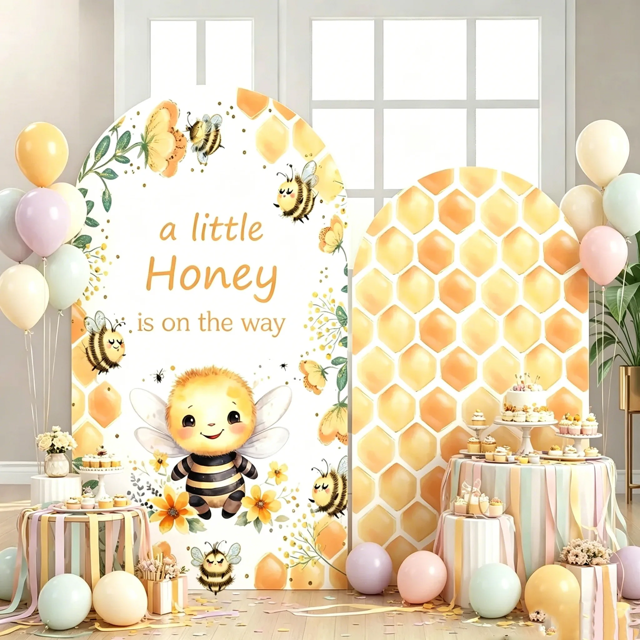 

Little Honey is on the Way Arch Background Cover Supplies Sweet Newborn Bee Baby Shower Cake Table Background Custom 2-sided
