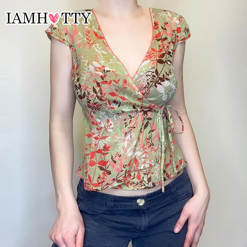 

IAMHOTTY Floral Plant Print Lace-up Top Summer Slimming V-neck T-shirt Vintage French Style Elegant Clothing Chic Fashion Tees