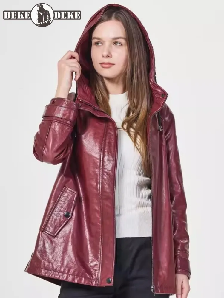 Chaqueta de piel auténtica con cremallera para mujer, abrigo holgado informal con capucha, cortavientos de manga larga, chaquetas de piel de oveja, talla S-8XL, Primavera