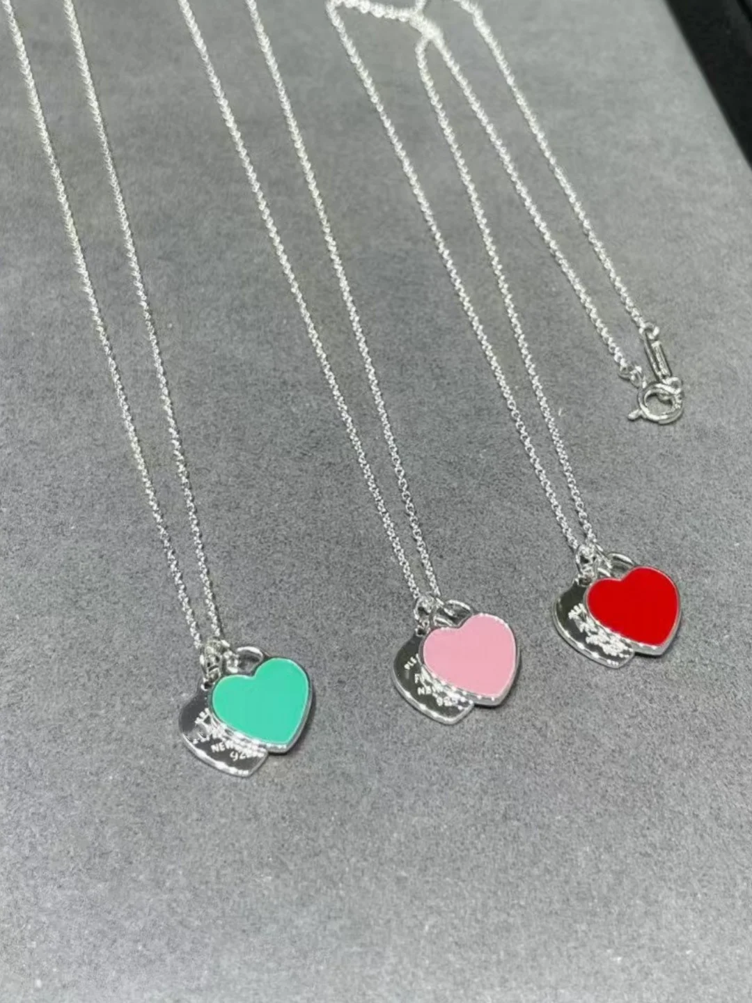 double-heart-necklace-s925-silver-fashion-bracelet-enamel-peach-heart-shaped-pink-pendant-clavicle-chain-cross-border