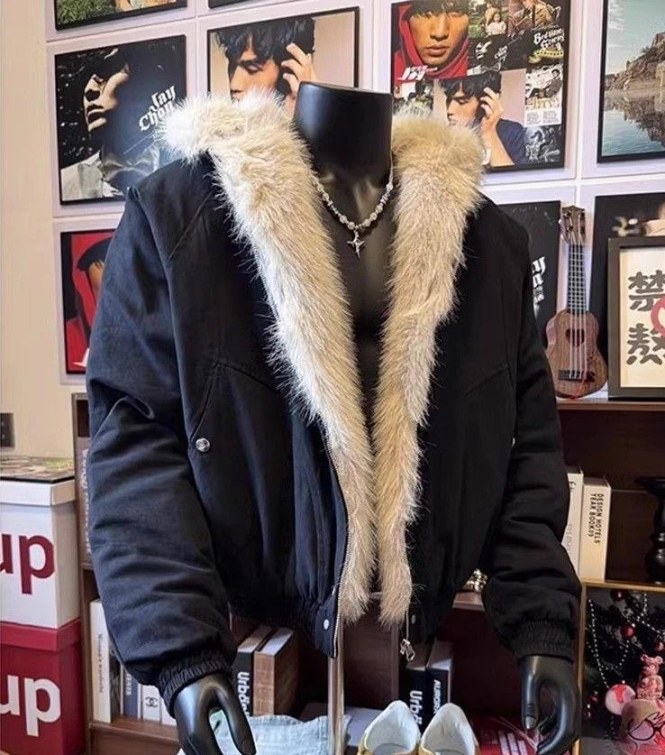 Cotton jacket with fur collar eagle embroidered and tie-dyeed winter men's design outdoor jacket thick and comfortable