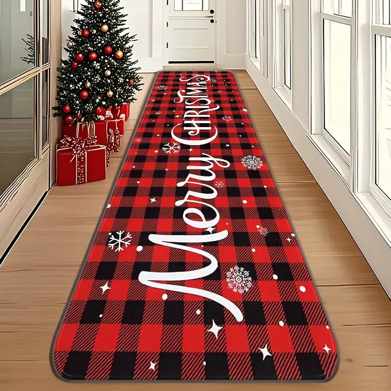 VIKAMA Christmas Runner Rug Candy Cane Sleigh Holly Golden Snowflake Print Non Slip Long Mat For Hallway Corridor Xmas Decor