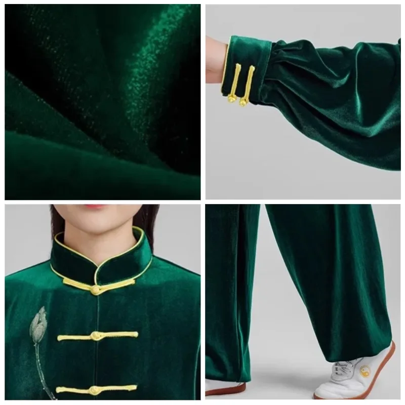 Kun Master Thicken Velvet Taichi Uniform Elegant Winter Martial Arts Suit Embroidery Kung Fu Clothes Taiji for Women