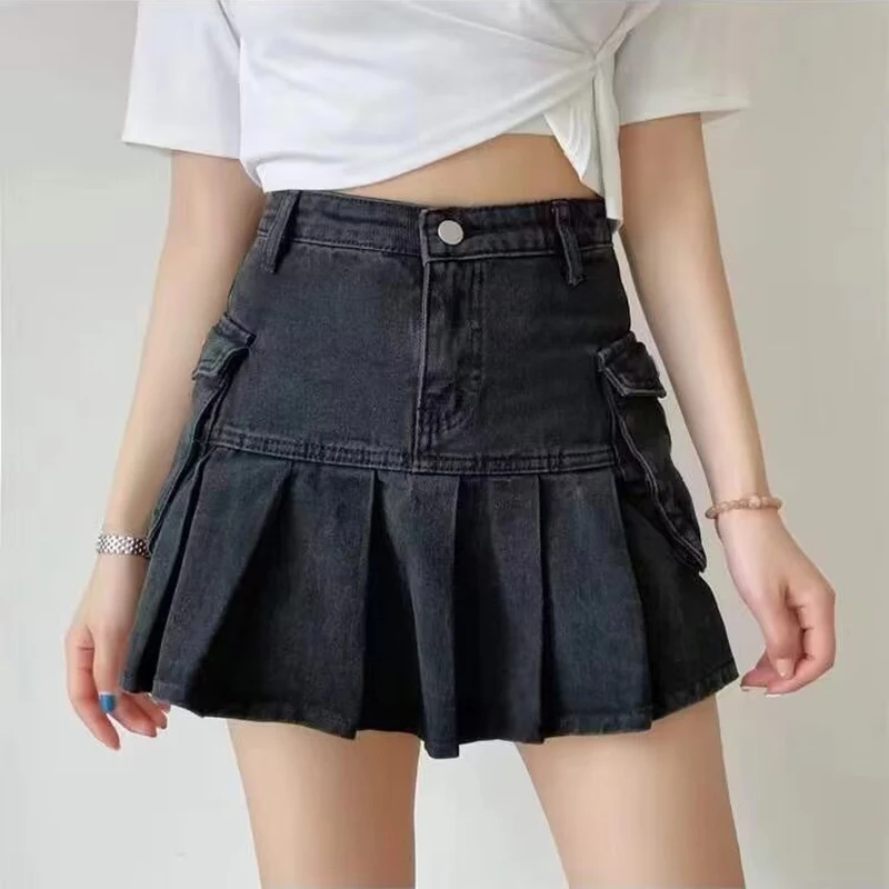 

2000s Trashy Big Pocket Denim Short Pleated Skirt For Women Summer Hot Girl High-Waisted Skirt 90s Aesthetic Denim Skirt Femme