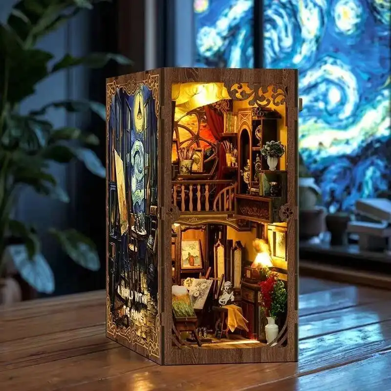 

A World Within The Frame DIY Wooden Book Nook Figurines Miniature Kits Bookshelf Home Bookend Decoration For Adult Handmade Gift