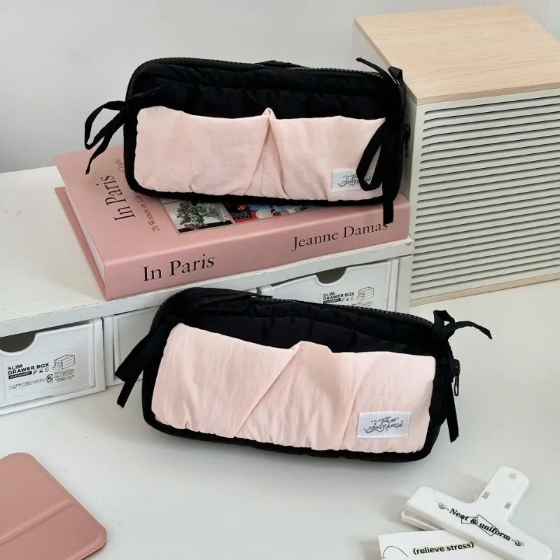 1 Piece Cute Korean Fashion Bow Pencil Case Soft Fabric Casual Large Capacity Stationery Case Portable School Pen Bag Student image 3