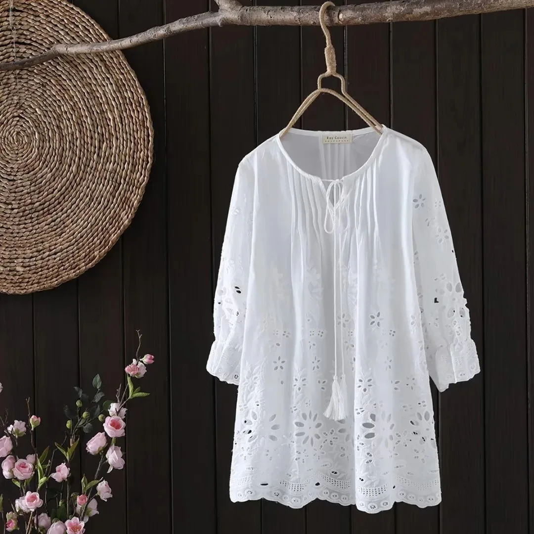 

VINTAGE Retro Embroidery Hollow Out white cotton blouse women bohemian tassels tops ladies shirt mid sleeve shirts boho clothing