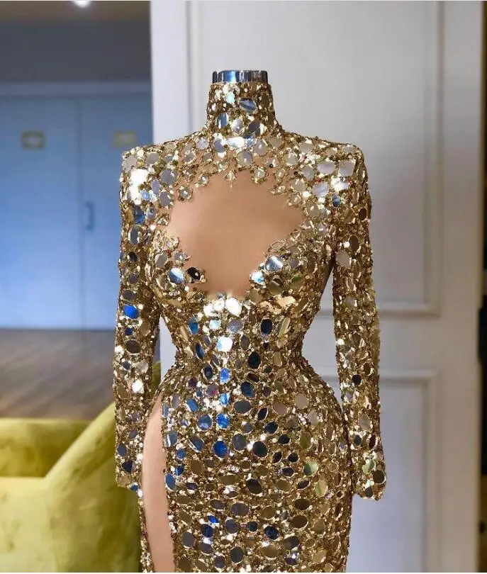 Arabo Aso Ebi oro paillettes specchio abiti da ballo maniche lunghe spacco alto sera festa formale secondo ricevimento abiti vestito