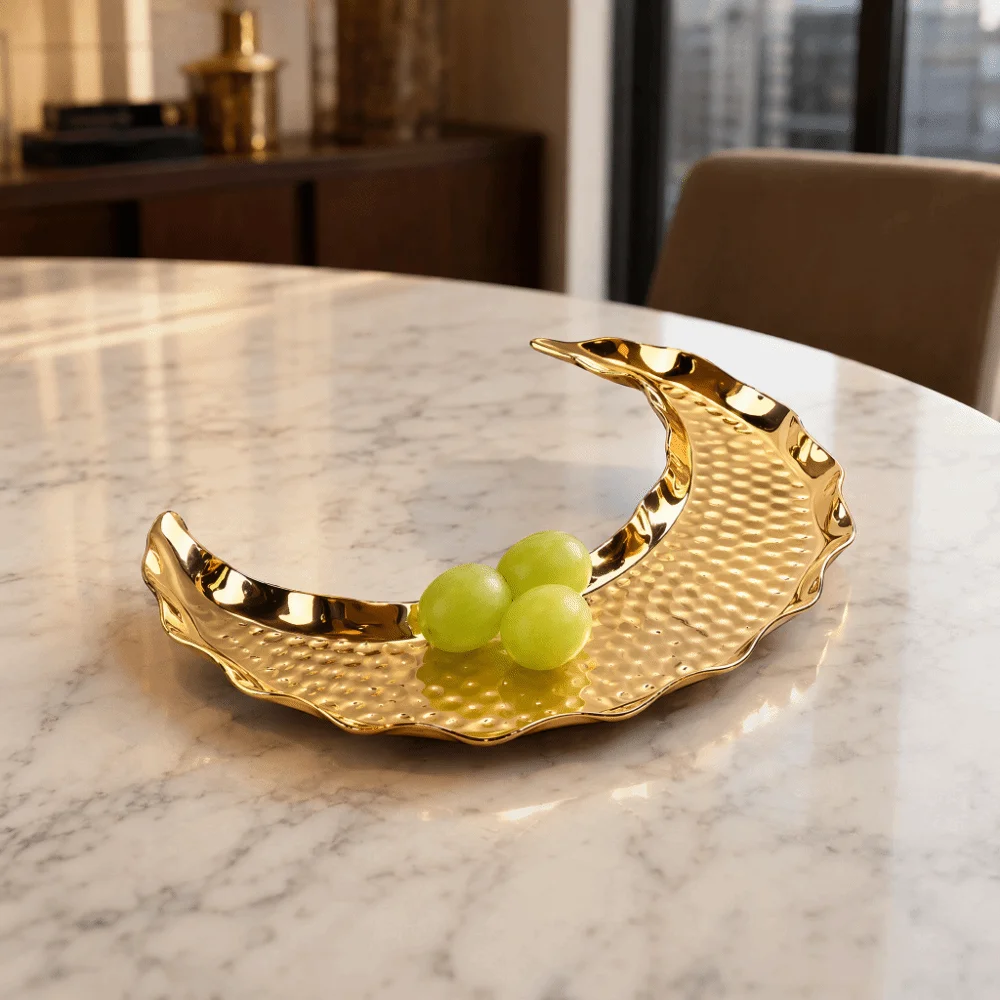 Zinc Alloy Moon Shape Platter HalfMoon Gold Decorative Serving Dish Hammered Texture Metal Dessert Plate