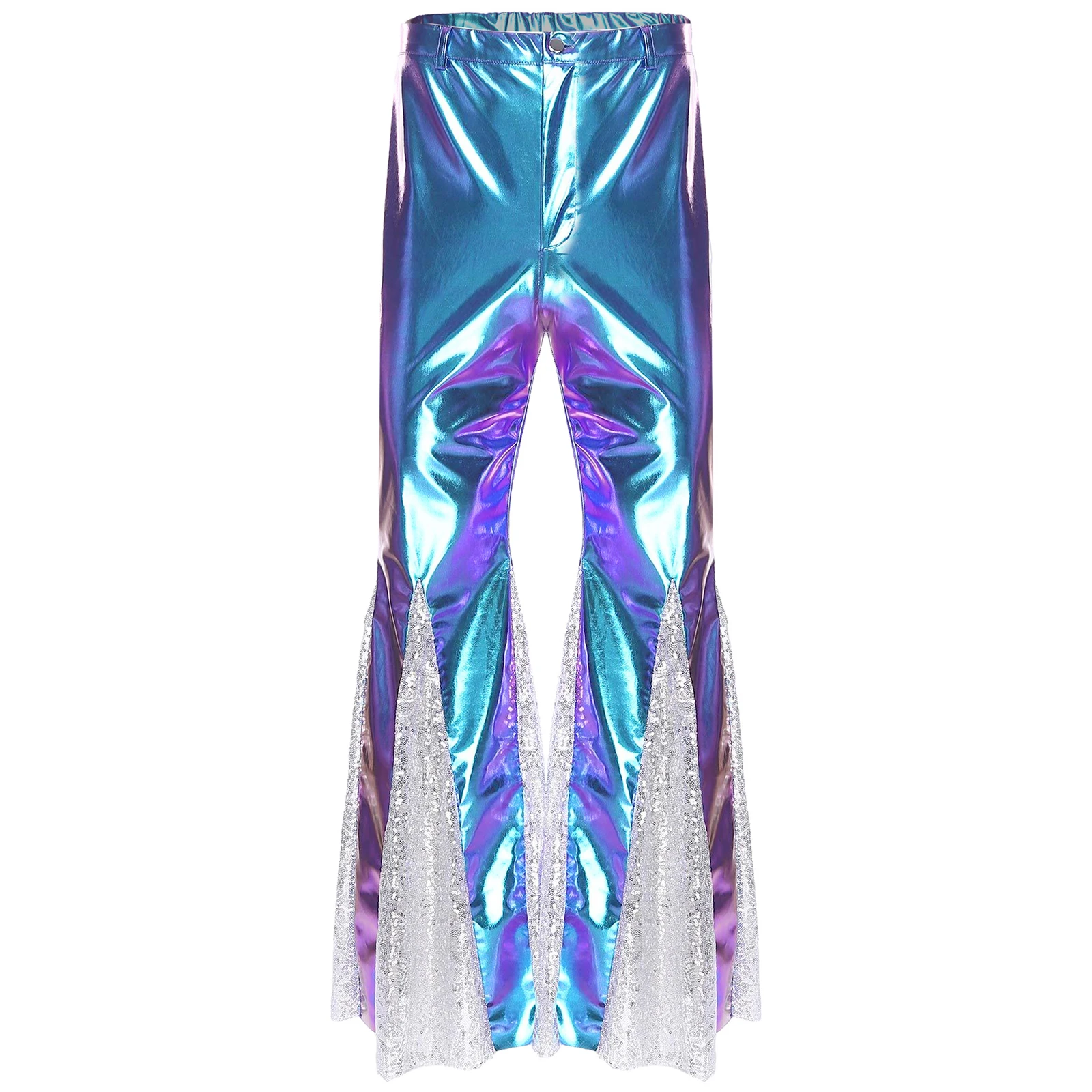 الرجال لامعة الثلاثية الأبعاد مضيئة السراويل خمر 70s ديسكو السراويل الهبي جرس أسفل السراويل كلوبوير مثير بولي Leather الجلود السراويل المعدنية