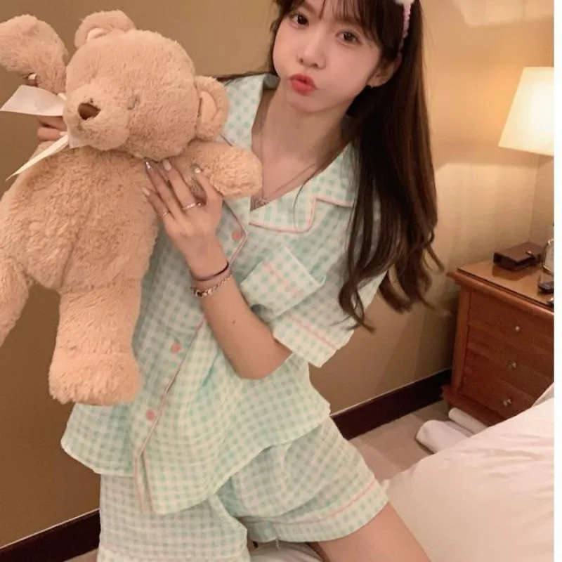 Small Fresh Contrast Color Plaid Cotton Gauze Pajamas Girls Summer Short-sleeved Korean Style Home Clothing Sweet Sleepwear Set