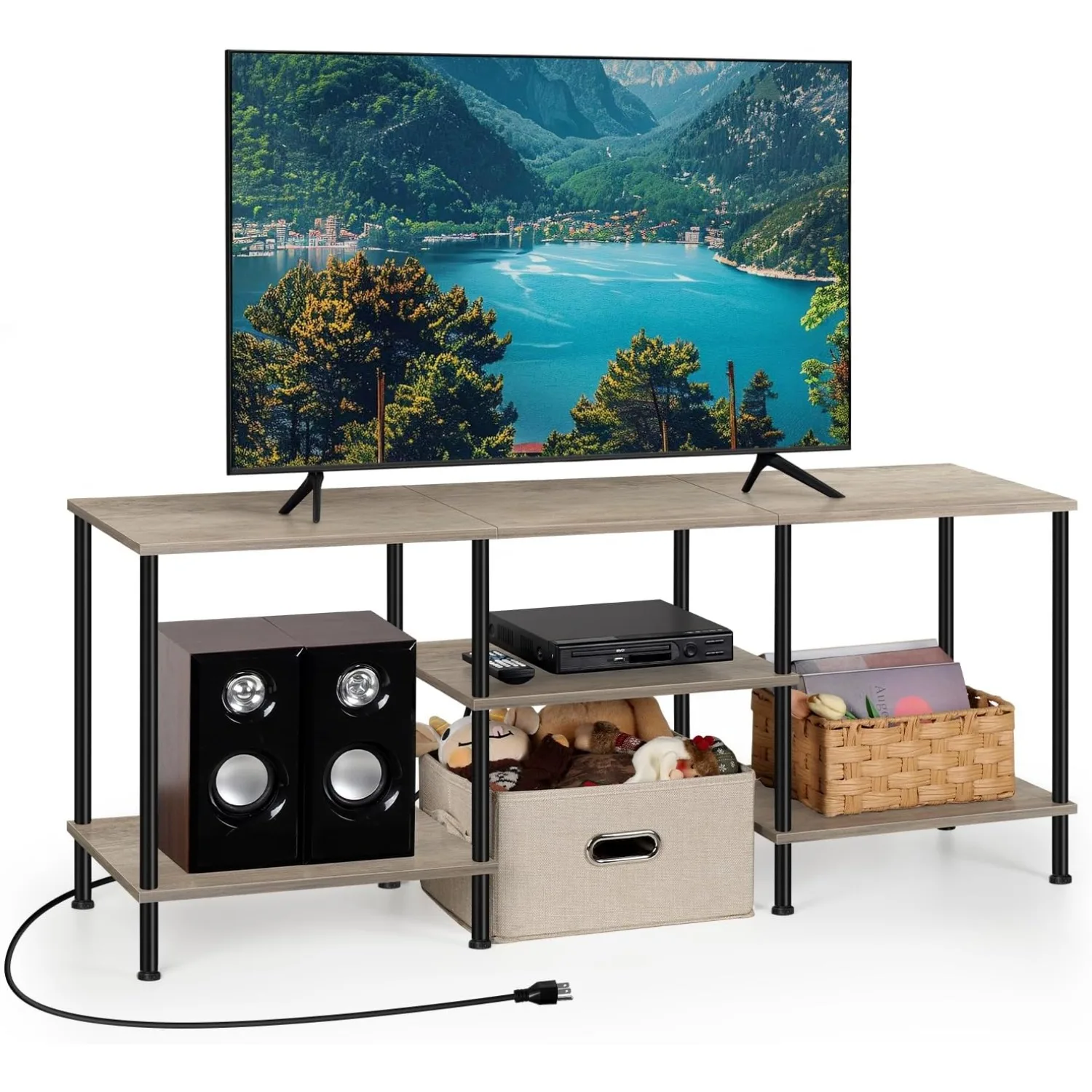 

50" Farmhouse TV Stand w/ Power Outlet, 3-Tier Rustic Grey Console for 32-50" TVs, Small Media Center Living Room Bedroom