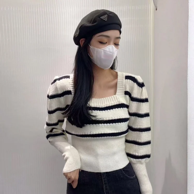 المرأة محبوك سترة ساحة طوق فقاعة Sve مخطط اللون Blo التخسيس خمر Sle طويل Sve الدافئة تخفيف Faion #4