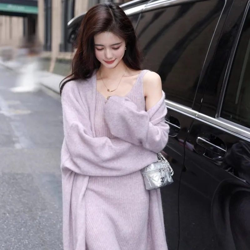 Purple Knitted Cardigan Set Women\'S Autumn/Winter High Grade Strap Long Dress+Sweater Cardigan Two Piece Set