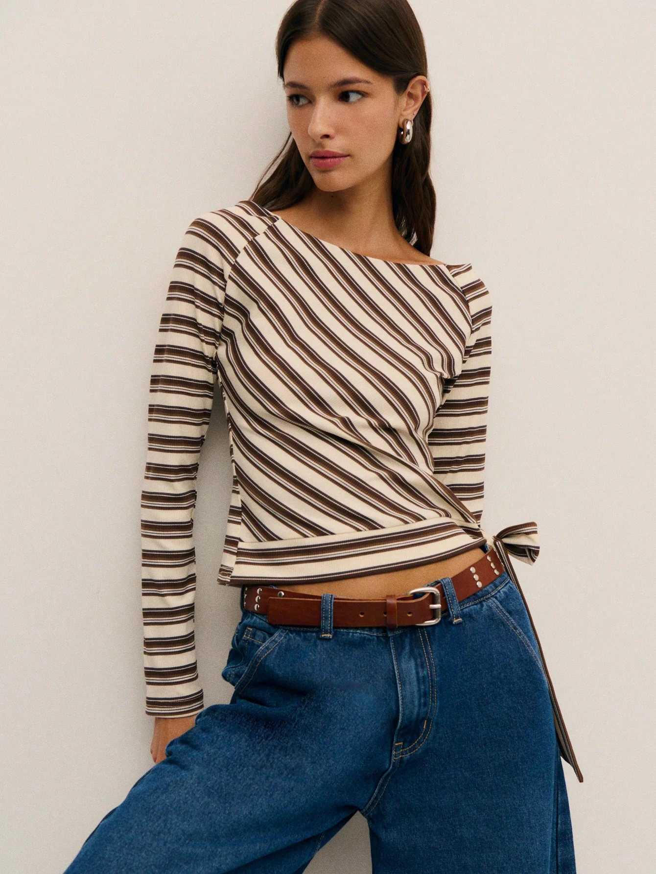 Women's striped asymmetric collar top with side bow tie, chic modern soft stretch fabric party comfortable fashion