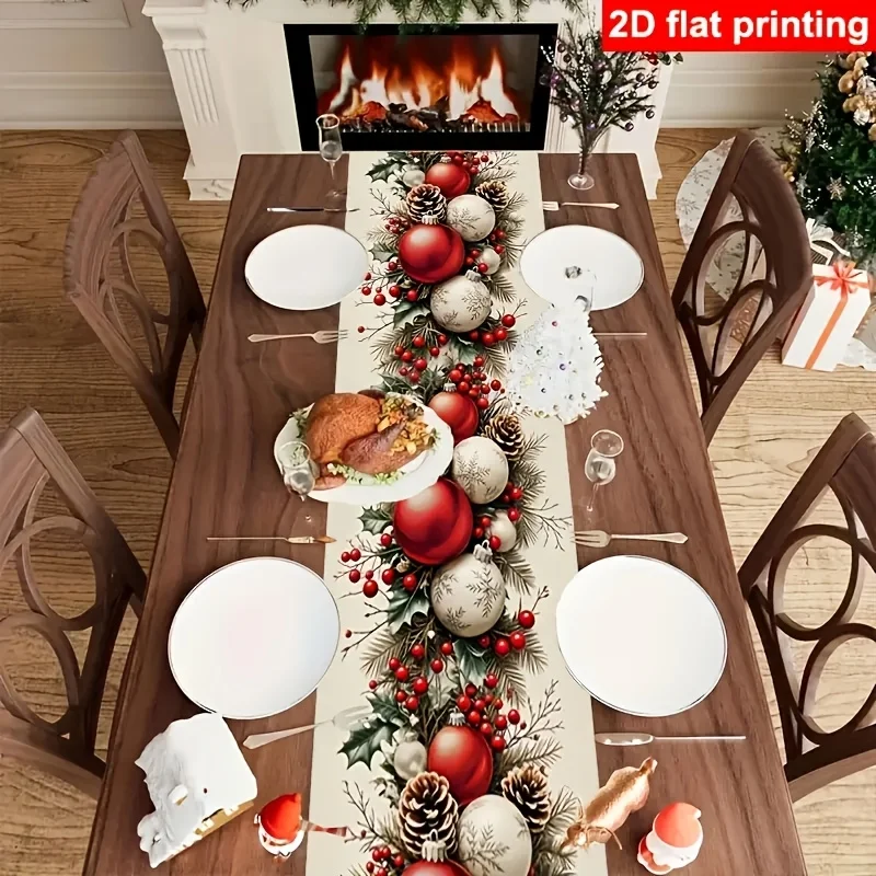 VIKAMA Christmas Table Runner Pinecone Holly Berry Bauble Farmhouse for Dining Table Xmas Party Decor for Family Dinner