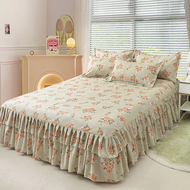 Korean Style Cartoon Bed Skirt Single Mattress Cover Non-Slip Protection Double Bed Cover with Bilateral Skirt