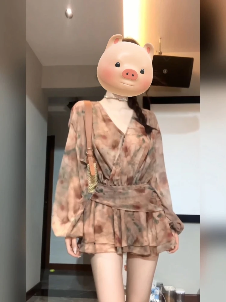 

plus Size Vintage Ombre Floral Chiffon V Ne Pleated Dr Women's Spring Casual High Waist a Line Skirt Casual Dr