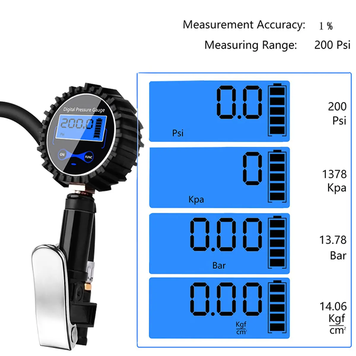 Dial Size Digital Pressure Gauge LCD Backlight Quick Connect Coupler 3-200 PSI Tire Inflator Air Chuck Compressor Accessories