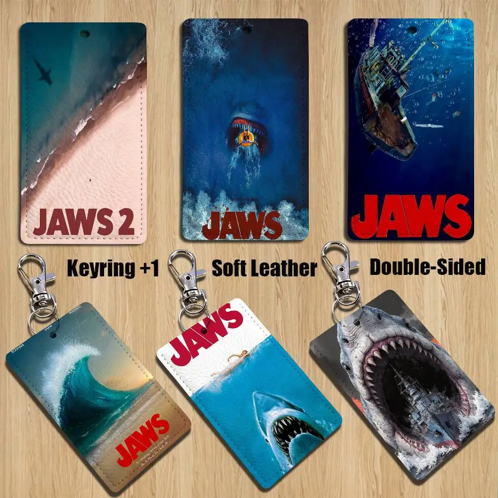 

Thrilling Jaws Movie cool Rectangle ID Card Case Keychain Access Card Bag Key Tag Ring Leather Card Holder Key Ring Access