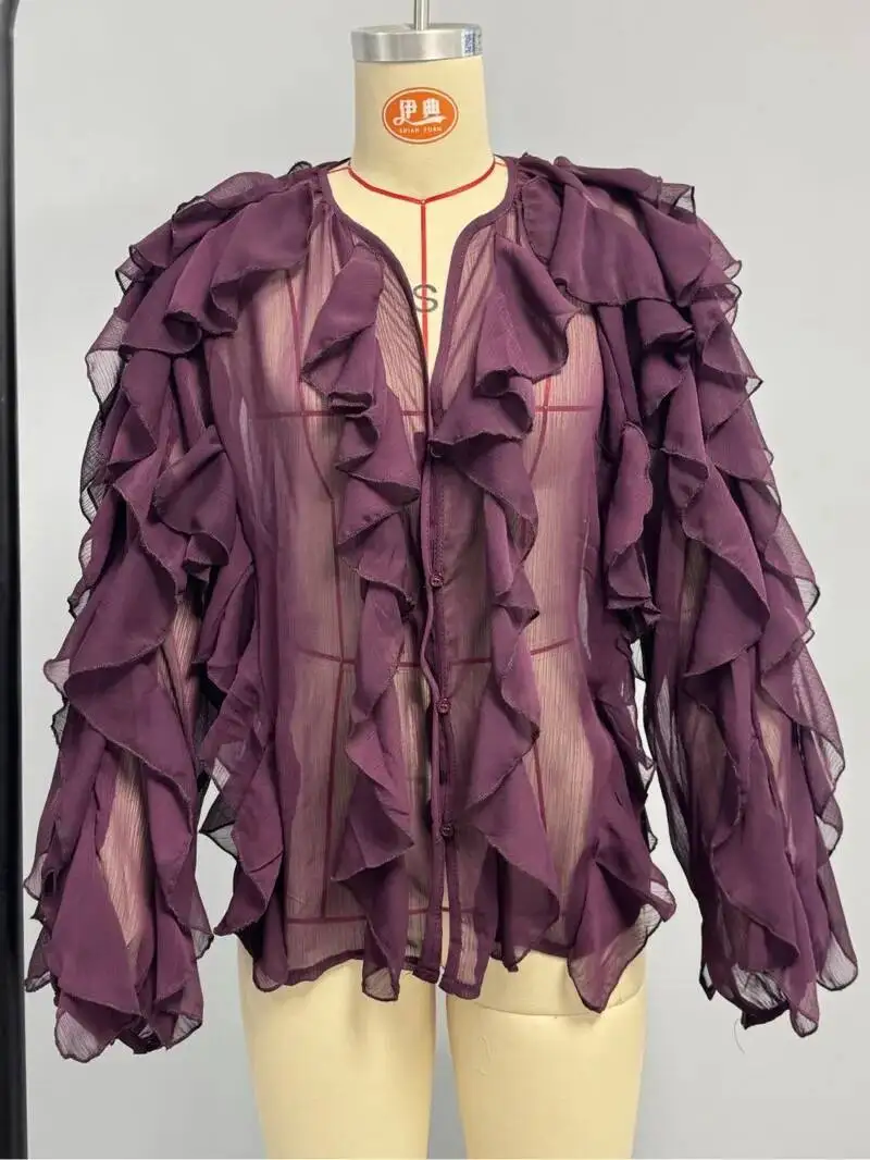 Ruffles Elegant Shirts Blouses For Women 2025 Long Sleeve Semi-Transparent Tops For Women Spring Shirt And Blouse Top BQ9V