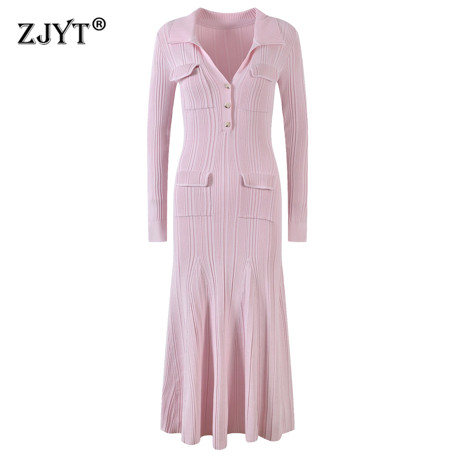 

ZJYT Autumn Fashion Long Knitted Sweater Dress Woman Designer Full Sleeve Turn Down Collar Elegant Party Dresses Pink Yellow