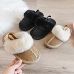 Zapatillas de piel para niños, sandalias con banda elástica de felpa de invierno, chanclas de plataforma sin cordones de lujo, zapatos de casa de algodón de diseñador para niños y niñas