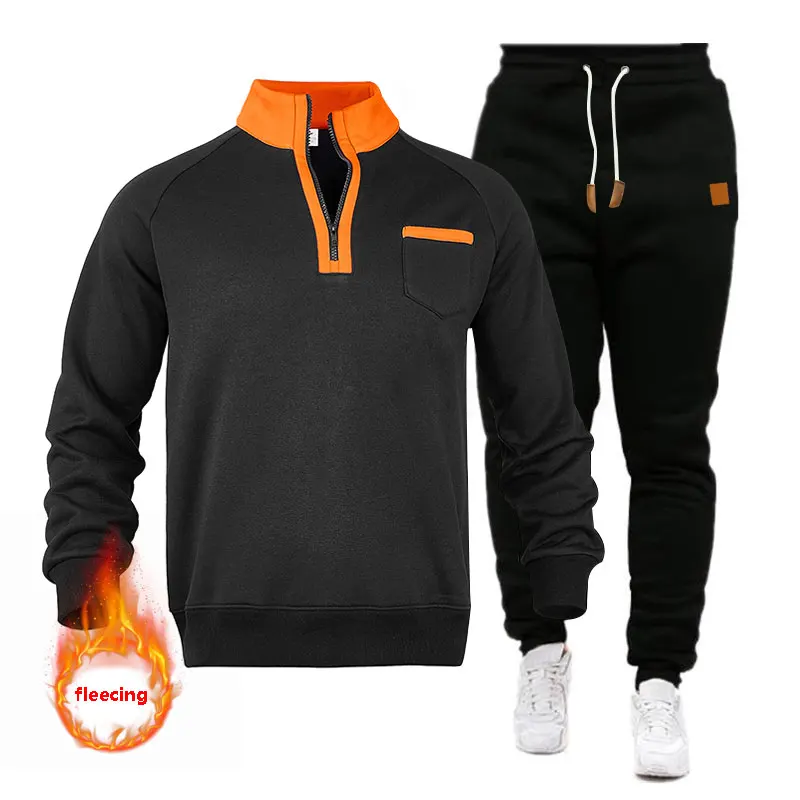 Herfst En Winter Kasjmier Herenpak Outdoor Casual Herenkleding Bijpassende Kleur Rits Opstaande Kraag Hoodie En Sweatpant Pak