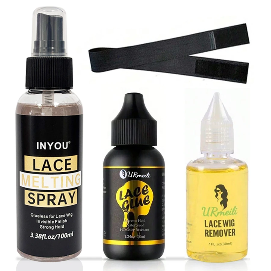 

4 шт., набор клея для парика, спрей для кружева с средство для удаления восстанавливающего спрея и повязка на голову - плавящийся спрей для парика с сильной натуральной фиксацией