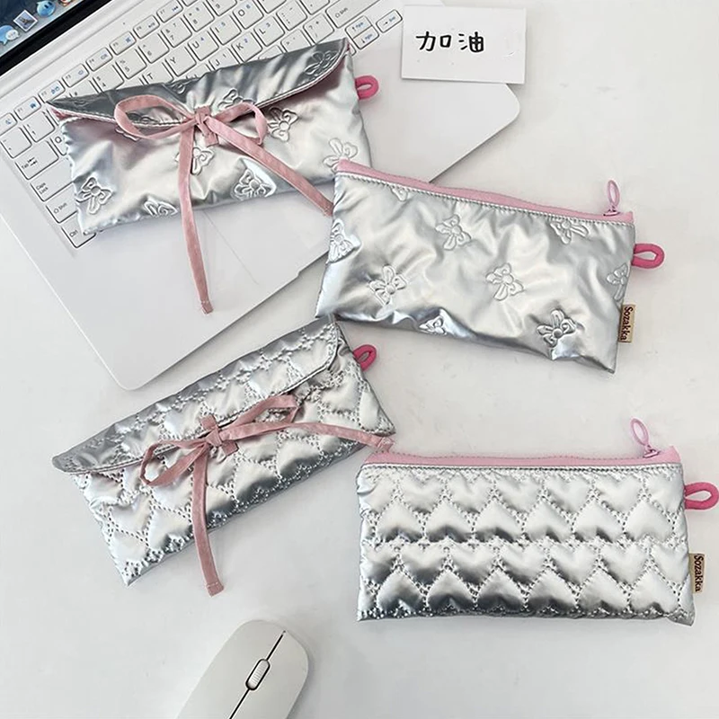

Korean Quilted PU Love Bow Cosmetic Bag Skincare Products Pouch Inner Pocket Multi-function Makeup Lipstick Storage Bag Handbag