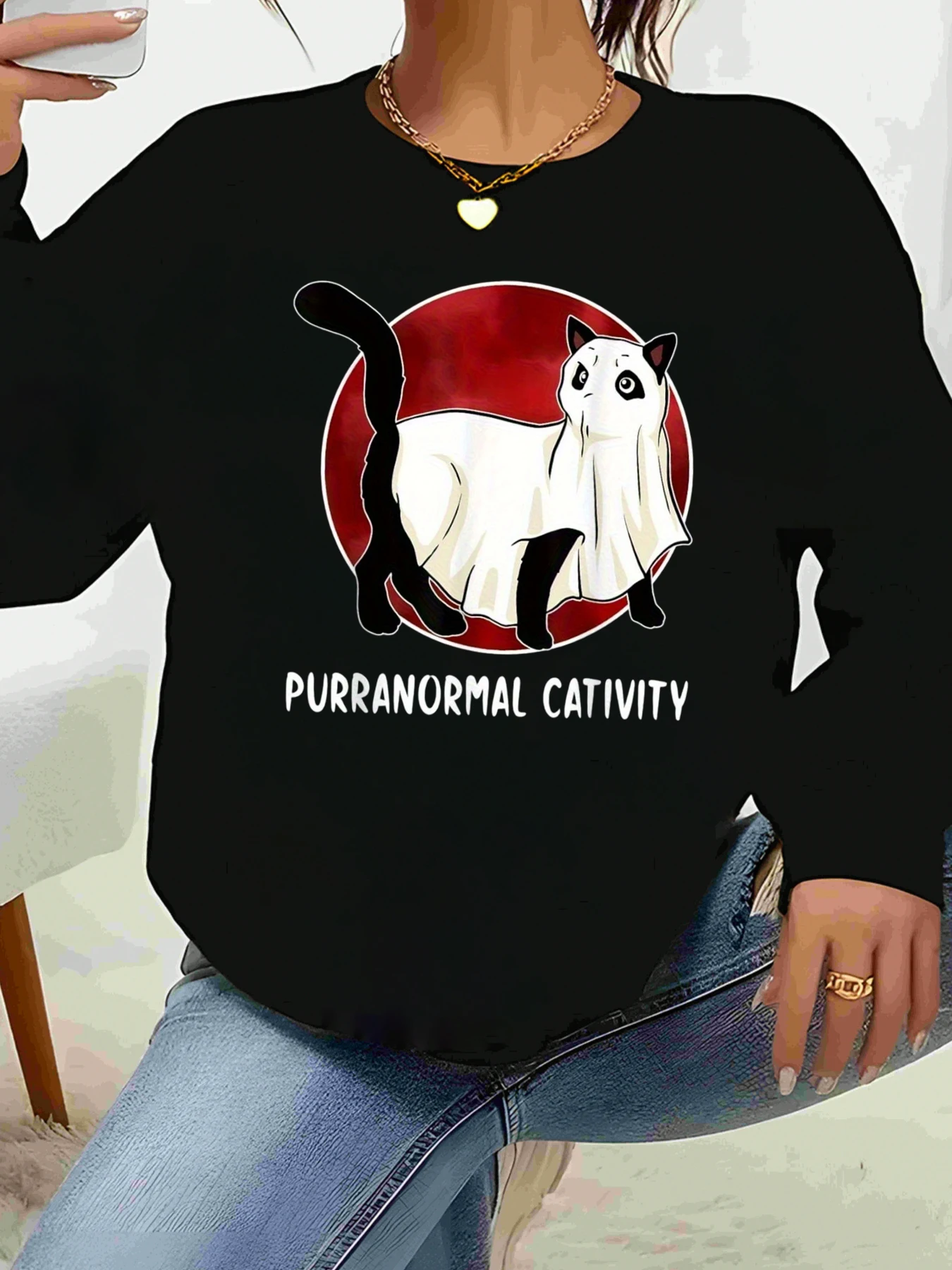 

Cat Ghost Print Halloween Sweatshirt Casual Wear for Women