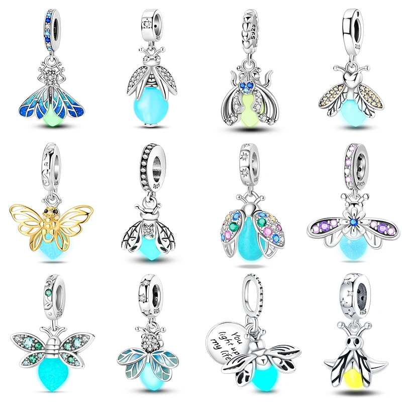 100 % 925 Sterling Silber kreative blaue leuchtende Glühwürmchen-Charms-Anhänger passen Qikaola 925 Original-Armbänder DIY Geburtstagsschmuck