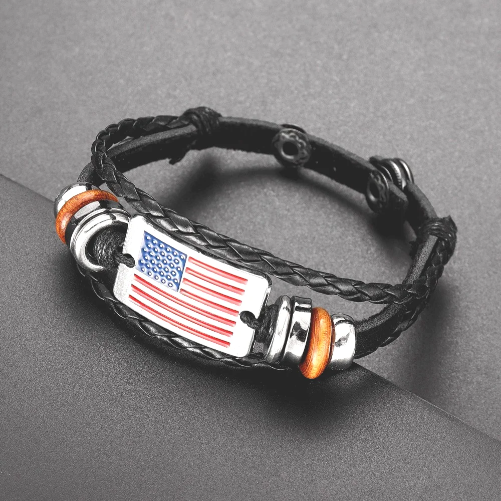 Multilayer Leather Woven American Flag Beaded Bracelets Glamour Men's Bracelets Fashion Jewelry Hip Hop Punk Accessories Wholesa