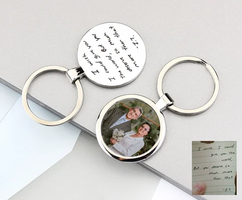 Personalised picture keychain, round disc engraved text personalised photo keyring, unique anniversary keyring