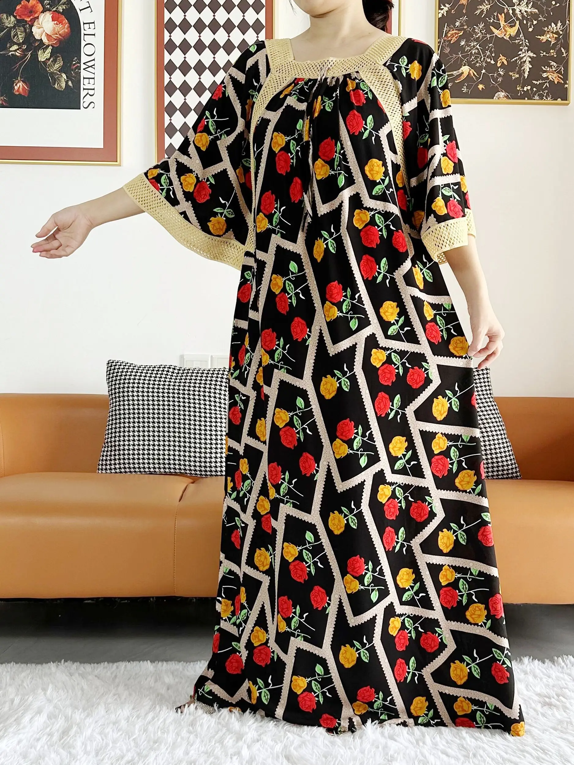 2023 hochwertige benutzer definierte Frauen Party kleid großen Schal Baumwolle Rose gedruckt lose Blumen Boubou Maxi Islam Frauen Kurzarm Abaya