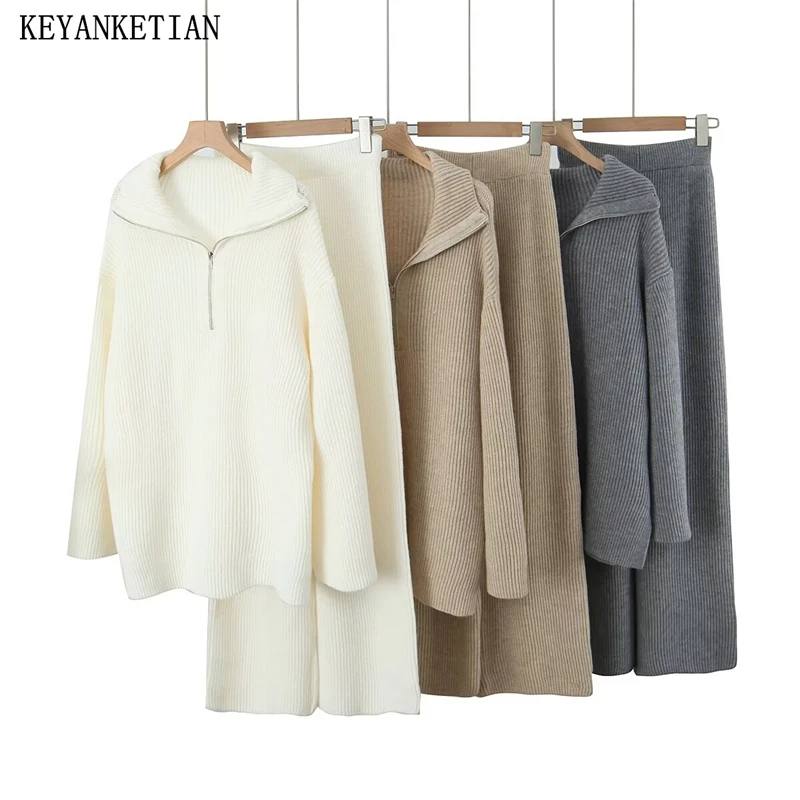 KEYANKETIAN Winter New Oversize Big Lapel Mid-length Sweater Pullover Elastic Waist Knit Trousers Women\'s Thick Two Pieces Sets