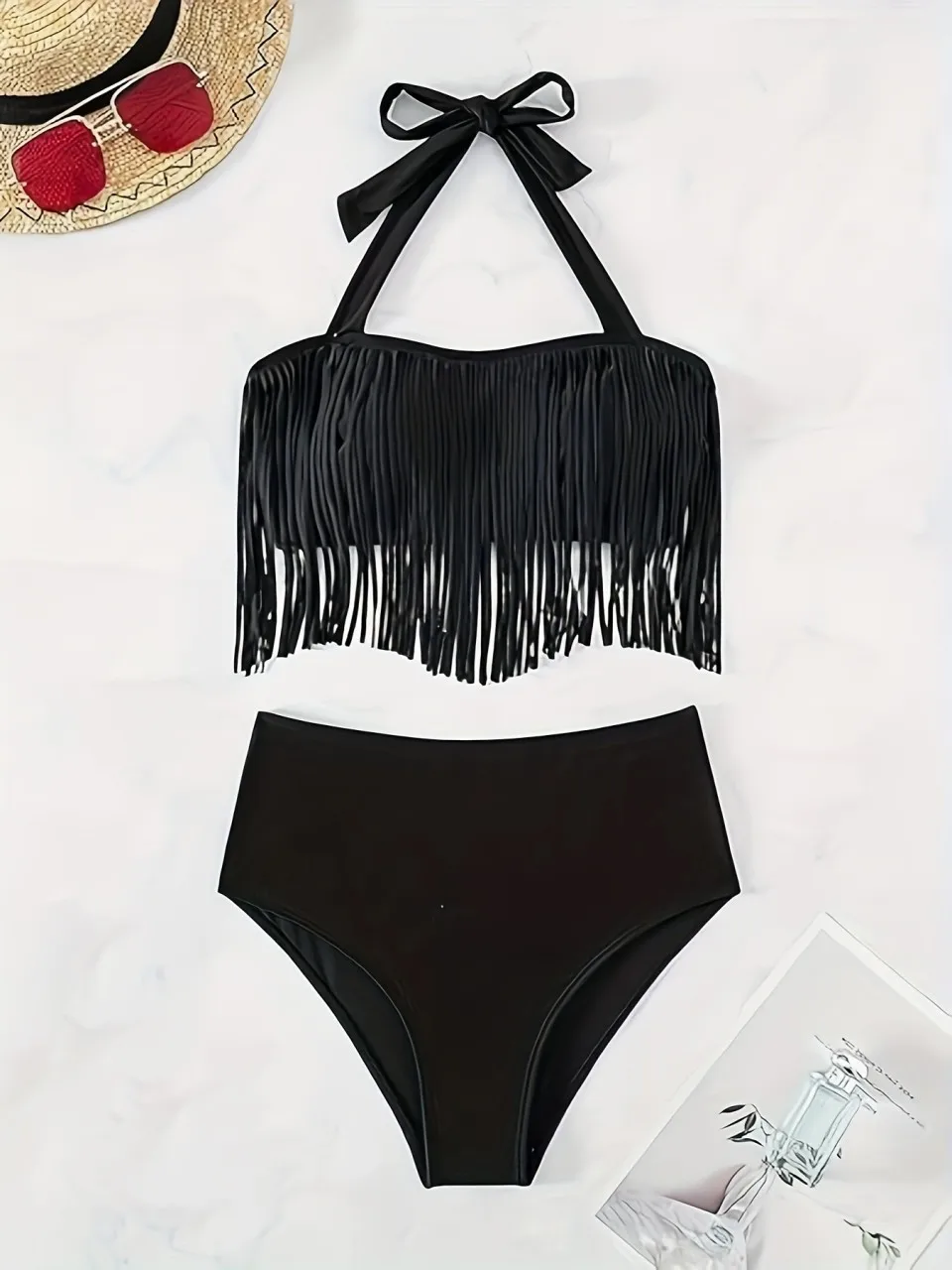 Sexy Halter Black Bikini 2026 High Waist Swimwear Female Tassel Swimsuit Women Bathers Bathing Swimming Suit Padded Beachwear
